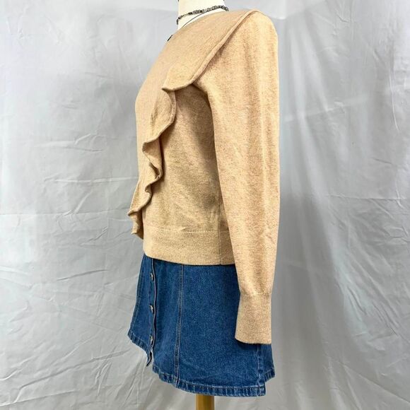J. CREW Tan Wool Long Sleeve Sweater Asymmetrical Ruffle Sz M Preppy Minimalist - Picture 3 of 6